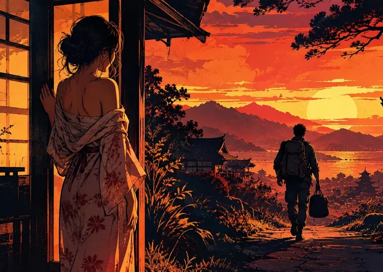 Une silhouette encadrée par une porte, éclairée par les couleurs chaudes du coucher de soleil.