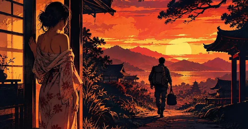 Un voyageur descend un chemin vers un horizon lumineux, suggérant une direction de déplacement.